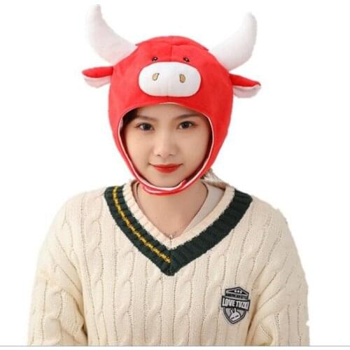 Red Yellow Milk Cow Hood Hat Plush Toy Birthday Stuffed Cap Gift