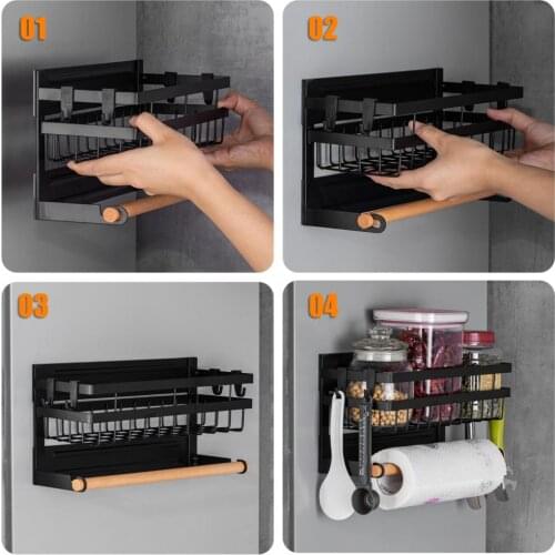 Magnetic Spice Rack For Refrigerator Kitchen Storage Rack With Hook Paper Towel Holder Refrigerator Side Hanging Organizer Shel