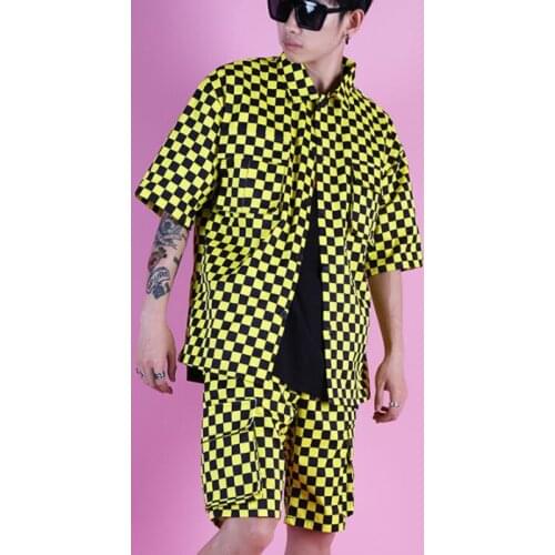 Spring summer shirt men Small grid checkerboard short sleeve shirt teenage korean shirt mens personality stage singer b642