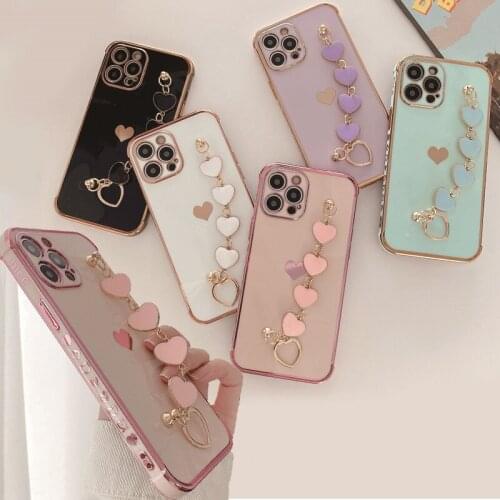 Fashion Side Plating Wrist Strap Heart Chain Case for iPhone 12 Mini 11 Pro XS Max Wristband Hand Holder Shockproof Soft Cover