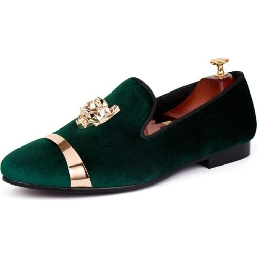 Harpelunde Men Wedding Shoes Slip On Green Velvet Slippers Gold Metal Circle Flat Shoes Size 7-14
