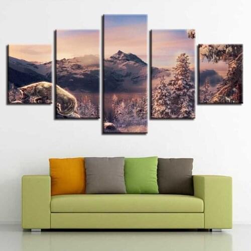 Wall Art Canvas Painting 5 Pieces Snow Mountain Wolf Trees HD Print Pictures Scenery Poster Home Decor Modular Living Room