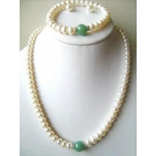 Grade latest White Akoya Cultured Pearl/Green gem Beads Bracelet Necklace Earrings set^^^@^Noble style Natural Fine jewe