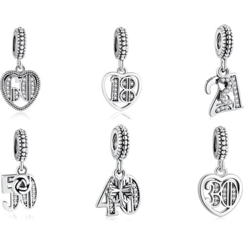 Authentic S925 50 60 18 21 40 30 21 Years Of Love Pendant Dangle Charm fit Lady Bracelet Bangle DIY Jewelry