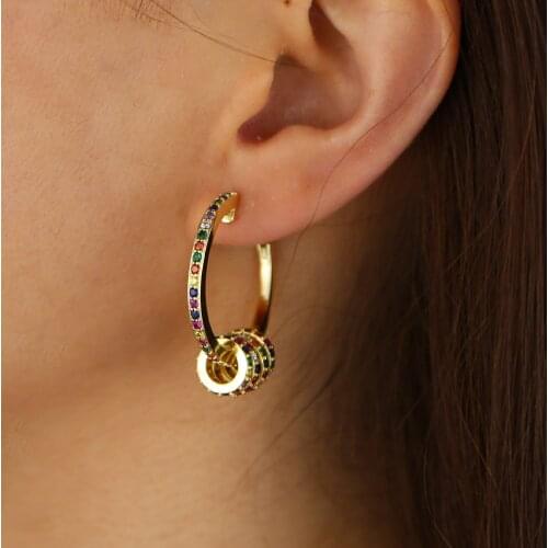 Rainbow cz circle beads floating bead rainbow circel hoop geometric fashion gorgeous women hoop earring