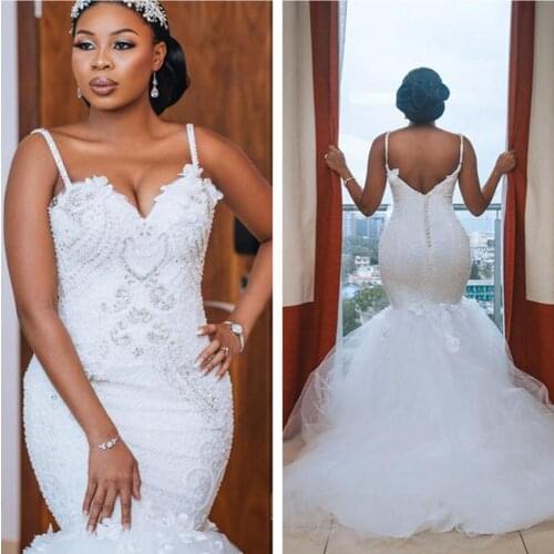 Luxury Spaghetti Mermaid Wedding Dresses Full Lace Applique Open Back PLus Size African Chapel Train Bridal Gowns