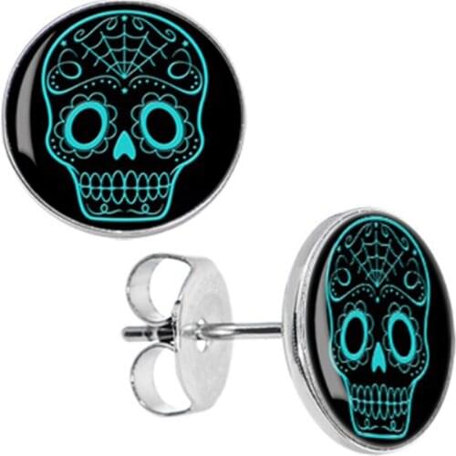 Wholesale stud earrings stainless steel black green skull logo ear studs diameter 8mm 10mm AW5016