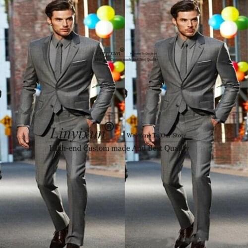 Dark Grey Slim Fit Groom Tuxedos Two Buttons Notch Lapel Men Suits Man Business Suit (Jacket+Pants) Formal Dinner Costume Homme