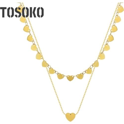 TOSOKO Stainless Steel Jewelry Peach Heart Overlapping Clavicle Chain Female Playful Lovely Double Layer Love Necklace BSP144