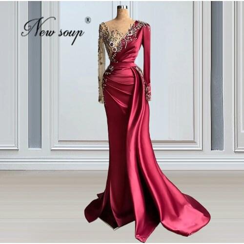 Middle East Beaded Evening Dresses 2021 Dubai Illusion Red Carpet Gowns Saudi Arabia Party Prom Gowns Robe De Soiree Satin Dress