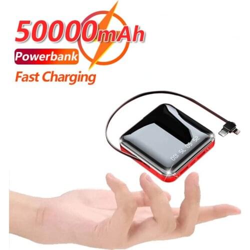 50000mAh Mini Power Bank with Data Cable LED Flashlight LCD Digital Display External Battery Charger for Xiaomi IPhone Samsung