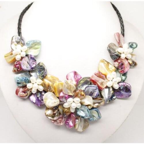 Jewelry Pearl Necklace natural white pearl & Multicolor shell pearl 5 flower pendant necklace long 18inch
