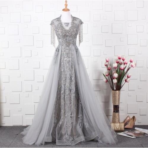 YY214 Evening Dress Luxurious Heavy Bead High Neck Fringed Sleeves Lace Fabric Elegant Ball Gown женские вечерние платья