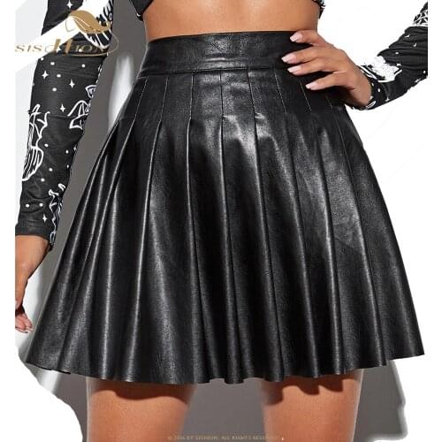 SISHION Sexy Black Burgundy PU Leather Pleated Skirt VD2318 High Waist Women Party Mini Skirts
