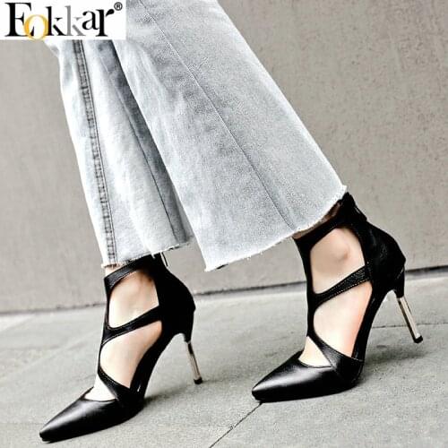 Eokkar 2019 Sexy Women Mental Heels Pumps Pointed Toe PU Leather Stilettos High Heels Zipper Office Lady Dress Shoes Size 34-43