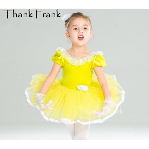 New Girls Lace Velvet Ballet Tutu Dress Women Ruffle Neckline Puff Sleeve Dance Costume Kids Sweet Yellow Princess Dresses C464