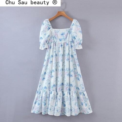 New Fashion French Style Floral Printed Vintage Square Collar Long Dress Women Summer Party Chic Chiffon Loose Dresses Female