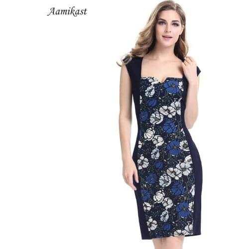 Women Dresses Summer Square Collar Patchwork Flora Retro Rockabilly Tunic Pencil Party S-4XL