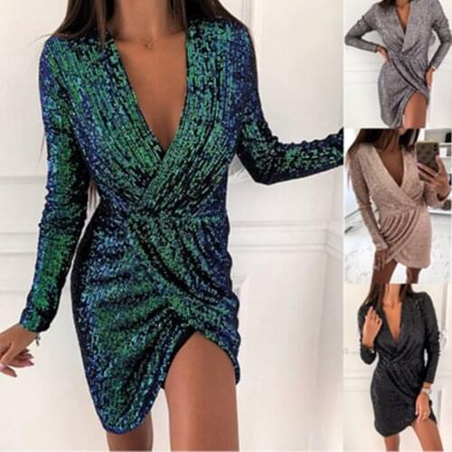 2021 Women Sexy Deep V-Neck Long Sleeve Dress Autumn Sequin Glitter Shiny Party Dress Elegant Wrap Split Mini Slim Dress S-5XL