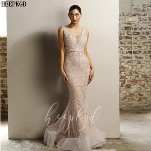 Graceful Pearls Mermaid Evening Dresses V Neck Sleeveless Long Elegant Formal Dress Plus Size Women Prom Party Gowns Customize