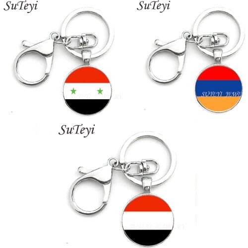Personality Time Gem Key Chain Syria and Armenia and Yemen Flag Art Key Ring Jewelry Handmade Crystal Keychain For Unisex
