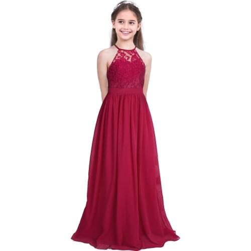 Kids Girls Elegant Party Dresses Lace Chiffon Sleeveless Halter Flower Dress Princess Pageant Wedding Bridesmaid Birthday Dress