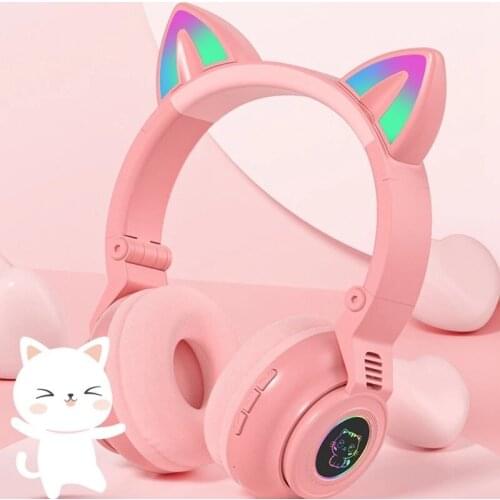 Cat Ear Bluetooth 5.0 Wireless Headsets Support TF Card 3.5mm Plug Display Headphones for Girls Bass Noise Cancelling Earphones