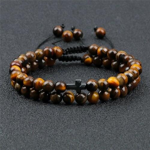 Men Cross Beads Bracelet 6mm Natural Stone Bangles Braided Rope Handmade Bracelets&Bangles Fashion Jewelry for Women Couple Gift