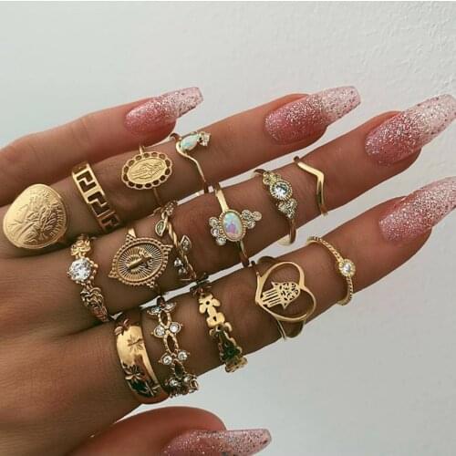 Set of 15 Boho Chic Jewelry Knuckle Midi Ring Set Stackable Stacking Gifts for Her Gold-colored | Adjustable | Rings Set #JW7E4D
