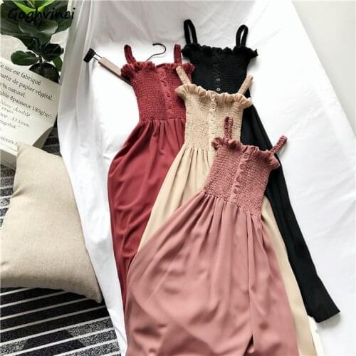Women Sleeveless Dress Solid Pleated Stretch Spaghetti Strap Mid-calf Length Korean Style Elegant Fashion Female Ulzzang Retro