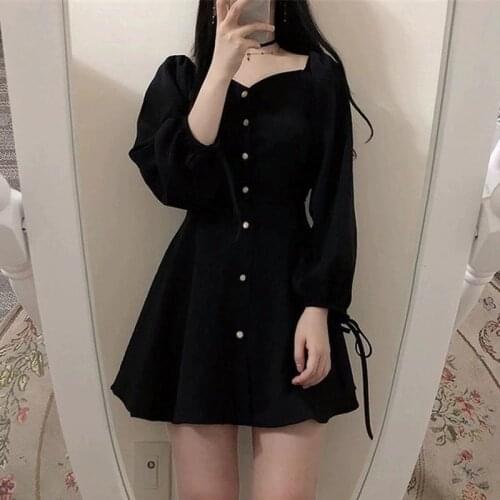 Dresses Women Spring Autumn Vestidos Vintage Solid Black Daily Empire Elegant BF Oversized Skirt Long Sleeve Square Neck Classy