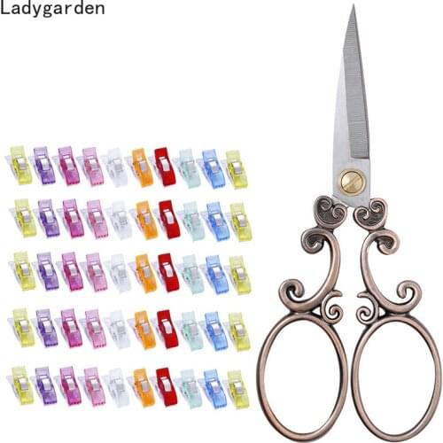 Durable Stainless Steel Vintage Cutter Cutting Embroidery Cross Stitch Sewing Tailor Scissor Shears with 50pcs Plastic Clips