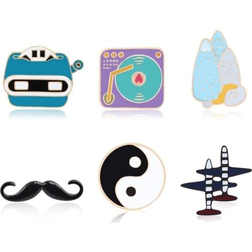 8 Styles Vintage Brooches For Women Hot Mustache Gossip Aircraft Recorder Phonograph Enamel Hijab Pins Cartoon Badge Men Jewelry