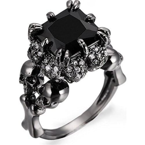 High Quality Black Skull Rings for Women Men Wedding Engagement Ring Jewelry Mens Punk Band Halloween Cz Stone Crystal
