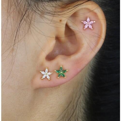 Delicate 925 sterling silver minimal pink white green cz flower stud earrings women cute girl colorful Wedding jewelry wholesale