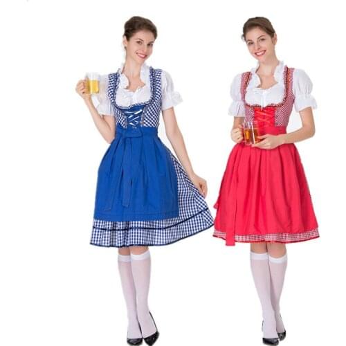 Womens German Oktoberfest Beer Girl Costume Bar Nightclub Maid Costume Carnival Party Fancy Dress Blue/Red Plaid Dress Apron