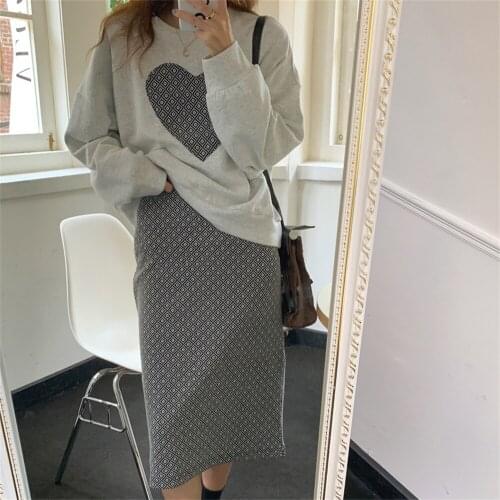 Alien Kitty Autumn New Fashion Two Pieces Sets Loose Korea Sweatshirts Casual Hot Women Elastic Waist Printed Mid-Length Skirts