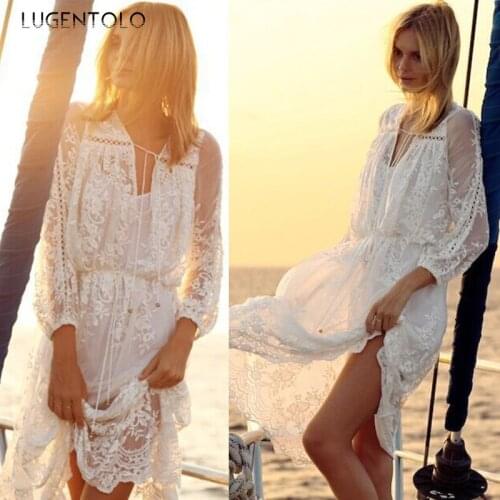 Sexy Lace Dress Women Beach Wrist Sleeve V-neck White Dresses Ladies Loose Casual Fashion Midi Dress Lugentolo