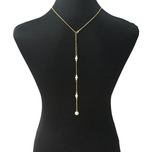 Women Boho Gold Color Beach Bikini Pearl Pendant Summer Dress Backdrop Back Necklace Jewelry