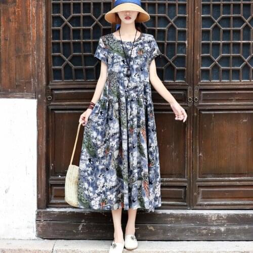 Women Loose Cotton Linen Printed Dress Ladies Vintage Print Dress Female 2020 Summer Dresses