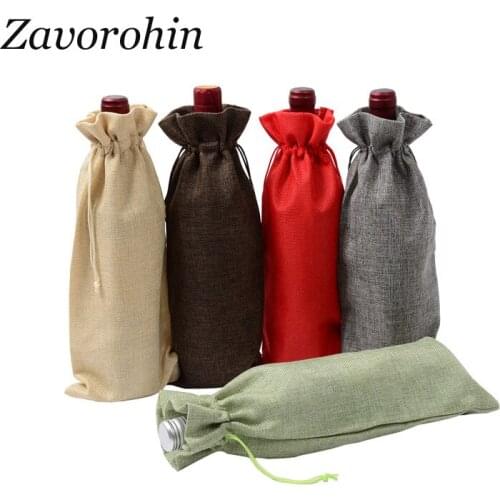 10pcs/lot 15x35 cm Rectangle Drawstring Jute Burlap Linen Bags Champagne Red Wine Bottle Bag Wedding Party Packing Pouches