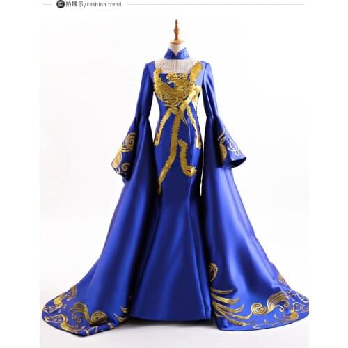 100%real royal blue golden embroidery phornix bird drama gown/long studio stage performance gown/can customs size making