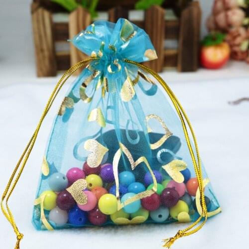 200pcs Lake Blue Organza Bag 7x9cm Small Gift Bag Wedding Decoration Candy Gifts Jewelry Packaging Bags Hearts Organza Pouches