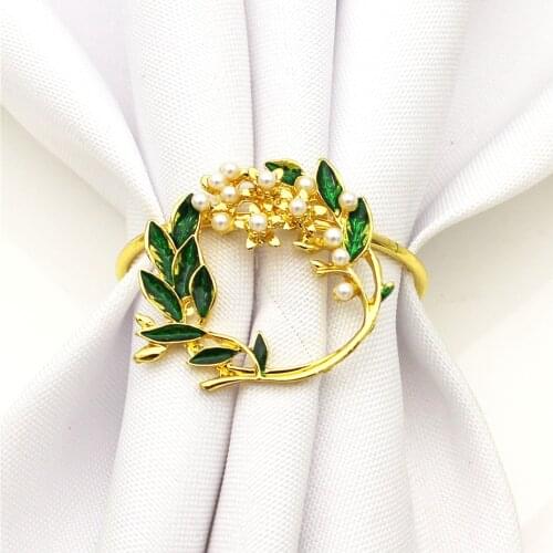 6pcs Napkin Ring Golden Pearl Flower Napkin Rings Metal Napkin Holder For Wedding Party Dinner Table Decoration
