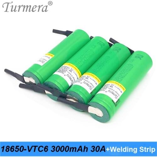 Turmera 18650 VTC6 Soldering Nickel 3000mAh Battery 30A for Screwdriver Electric Drill Battery 12V 16.8V 18V 25V and E-bike Use