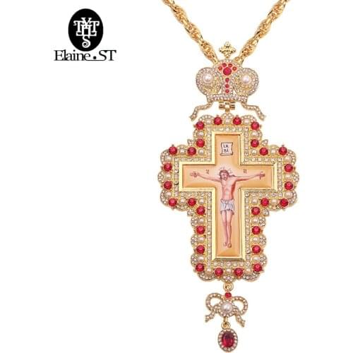 120cm Long Chain Pope Francis Pectoral Cross Orthodox Cross Necklace Religious Jesus Icon Metal is Encrusted with Crystal