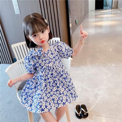 Girls' Floral Dress 2021 Summer New Korean Bow Round Neck Girls Short Sleeve Princess Dresses Kids Baby Girl Clothes1-6 Years
