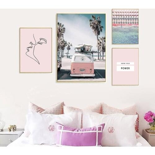 Home Decoration Pink Sea Scenic Beach Abstract Line Kiss Art Canvas Painting Decor For Living Room Bedroom Frameless Wall Art