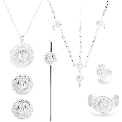 Ethiopian Trendy Silver Color Pendant Chain Earrings Ring Bangle Habesha Wedding Eritrea Jewelry Set