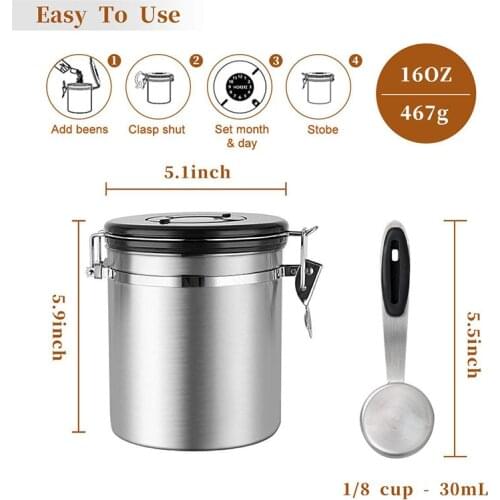 Airtight Coffee Canister Stainless Steel Container Coffee Ground Vault Jar with Valve for Kitchen DO